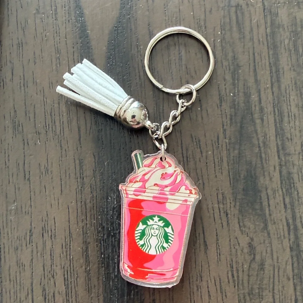 Starbucks inspired Pink Red and White Frappuccino Keychain with tassle